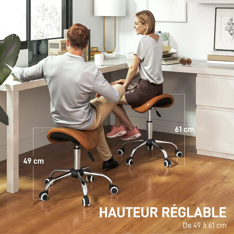 Tabouret de massage selle ergonomique 52 x 53 x 49-61 cm hauteur réglable assise confortable contemporain en PU marron 21_0000778