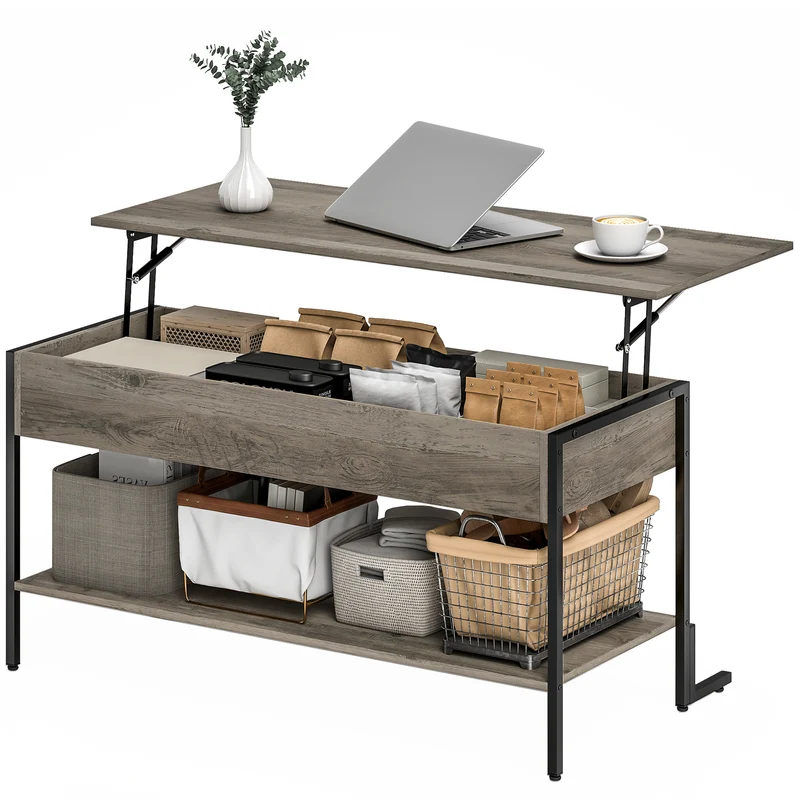 Table basse relevable salon 95 x 40 x 59 cm rangement caché étagère ouverte industriel mécanisme silencieux en MDF gris 21_0003516