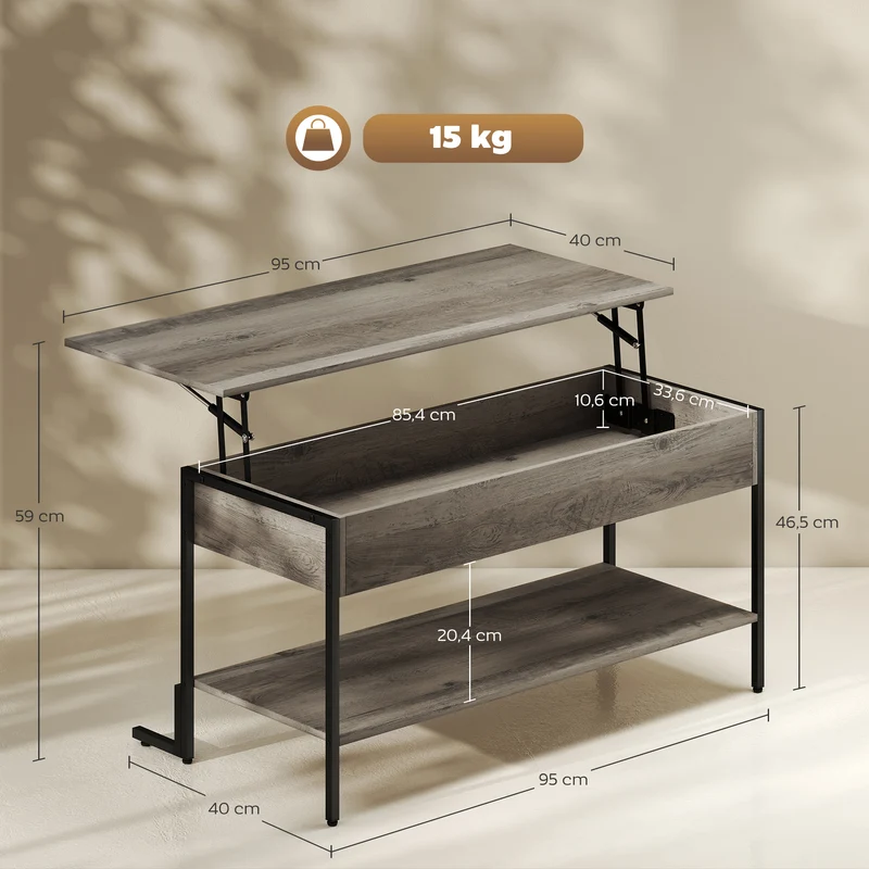 Table basse relevable salon 95 x 40 x 59 cm rangement caché étagère ouverte industriel mécanisme silencieux en MDF gris 21_0003516