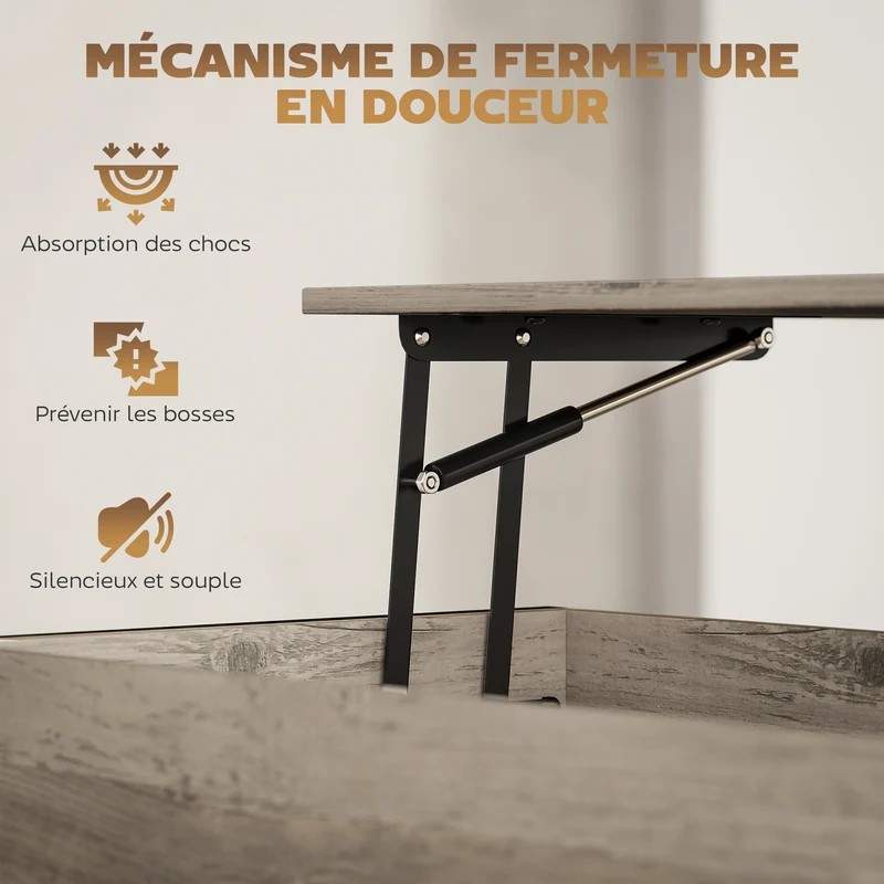 Table basse relevable salon 95 x 40 x 59 cm rangement caché étagère ouverte industriel mécanisme silencieux en MDF gris 21_0003516