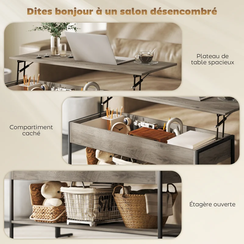 Table basse relevable salon 95 x 40 x 59 cm rangement caché étagère ouverte industriel mécanisme silencieux en MDF gris 21_0003516