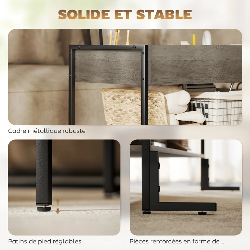 Table basse relevable salon 95 x 40 x 59 cm rangement caché étagère ouverte industriel mécanisme silencieux en MDF gris 21_0003516