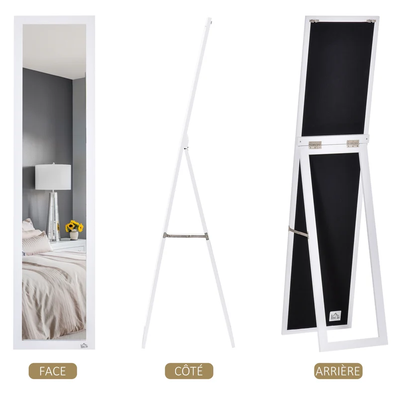 Miroir sur pied et mural rectangulaire chambre 37 x 37 x 154 cm anti éclat pose au sol contemporain épuré en MDF blanc 21_0001473