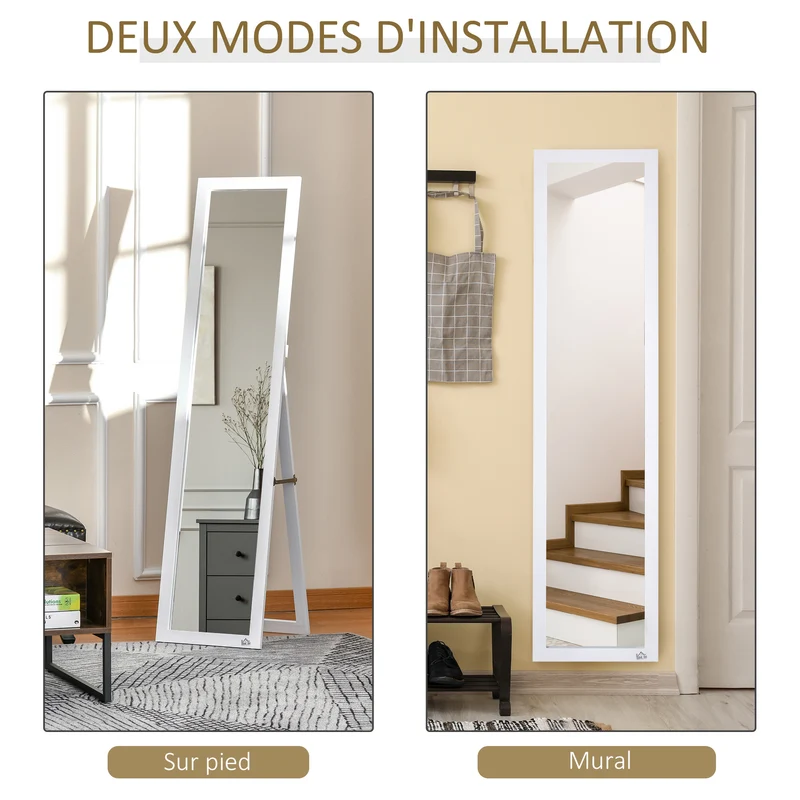 Miroir sur pied et mural rectangulaire chambre 37 x 37 x 154 cm anti éclat pose au sol contemporain épuré en MDF blanc 21_0001473