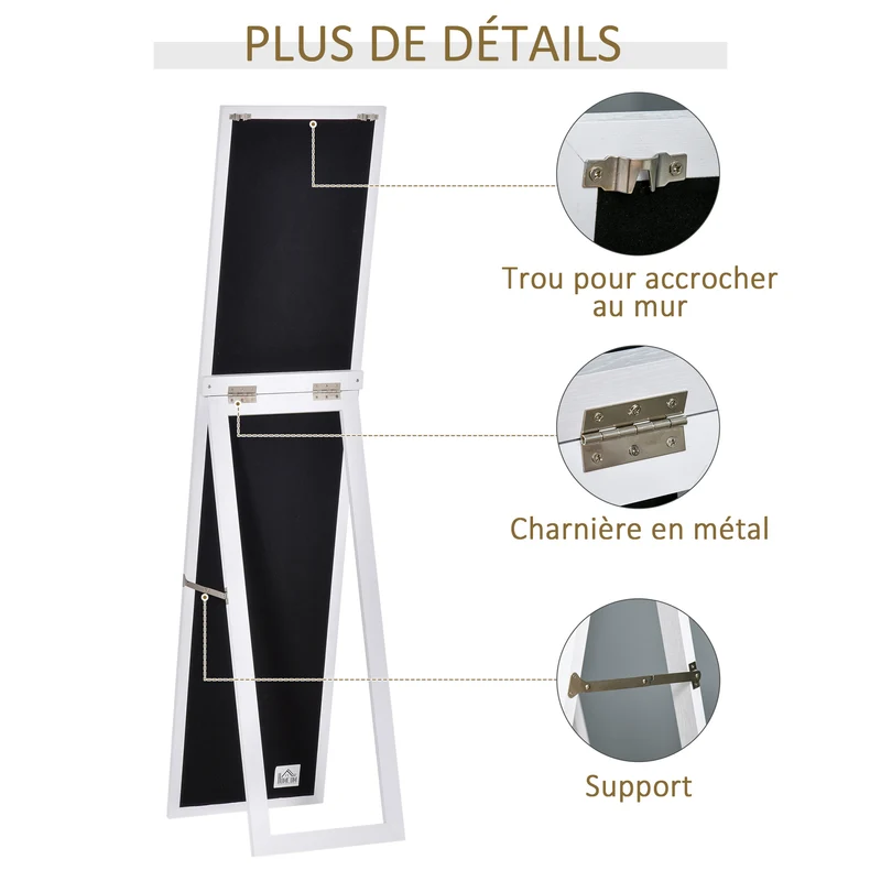 Miroir sur pied et mural rectangulaire chambre 37 x 37 x 154 cm anti éclat pose au sol contemporain épuré en MDF blanc 21_0001473