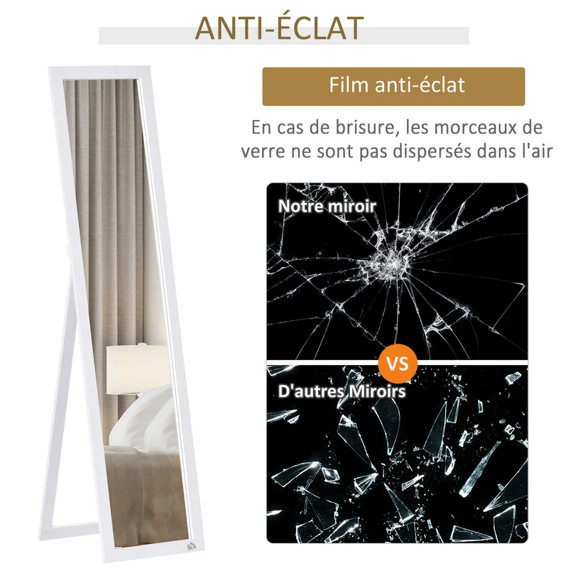Miroir sur pied et mural rectangulaire chambre 37 x 37 x 154 cm anti éclat pose au sol contemporain épuré en MDF blanc 21_0001473