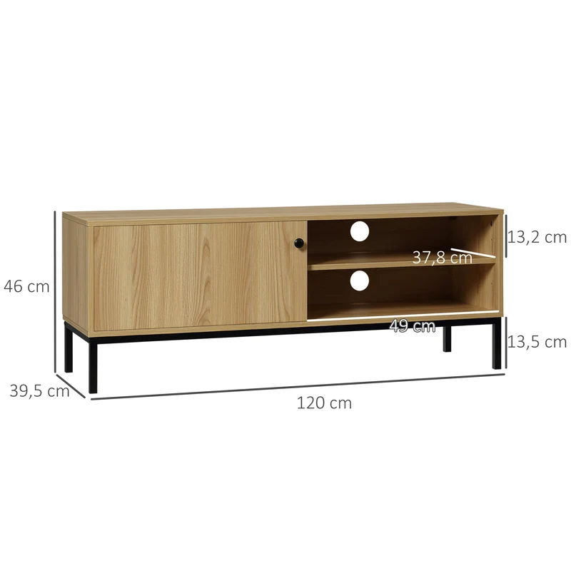 Meuble tv 3 compartiments porte coulissante passe câbles 120 x 39.5 x 46 cm pour salon contemporain épuré en MDF naturel 21_0003057