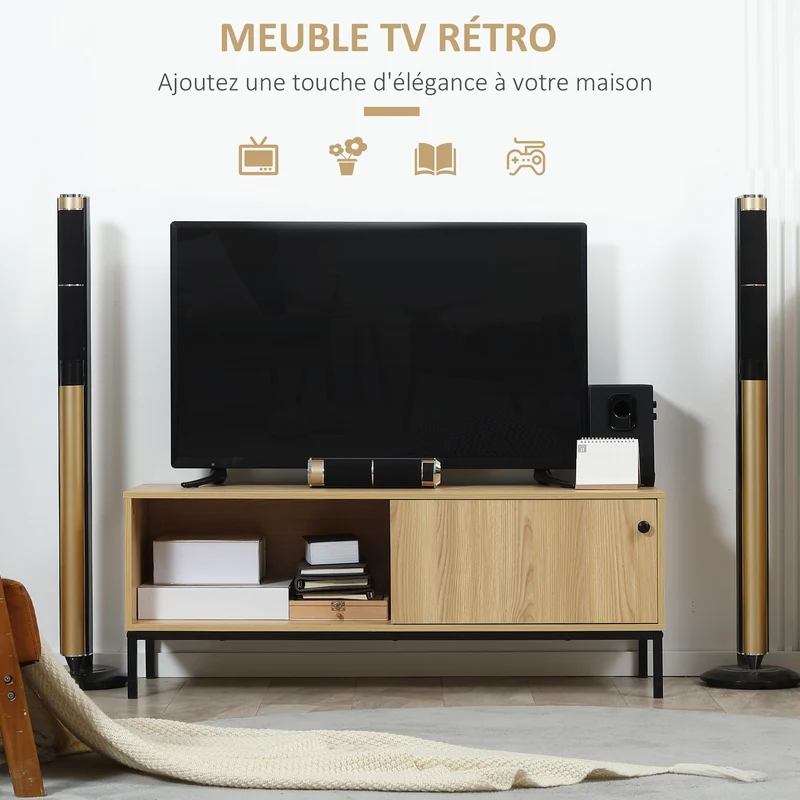 Meuble tv 3 compartiments porte coulissante passe câbles 120 x 39.5 x 46 cm pour salon contemporain épuré en MDF naturel 21_0003057