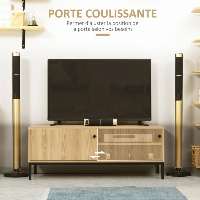 Meuble tv 3 compartiments porte coulissante passe câbles 120 x 39.5 x 46 cm pour salon contemporain épuré en MDF naturel 21_0003057