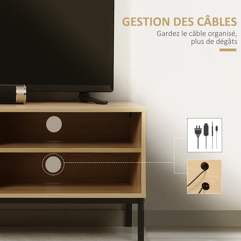Meuble tv 3 compartiments porte coulissante passe câbles 120 x 39.5 x 46 cm pour salon contemporain épuré en MDF naturel 21_0003057