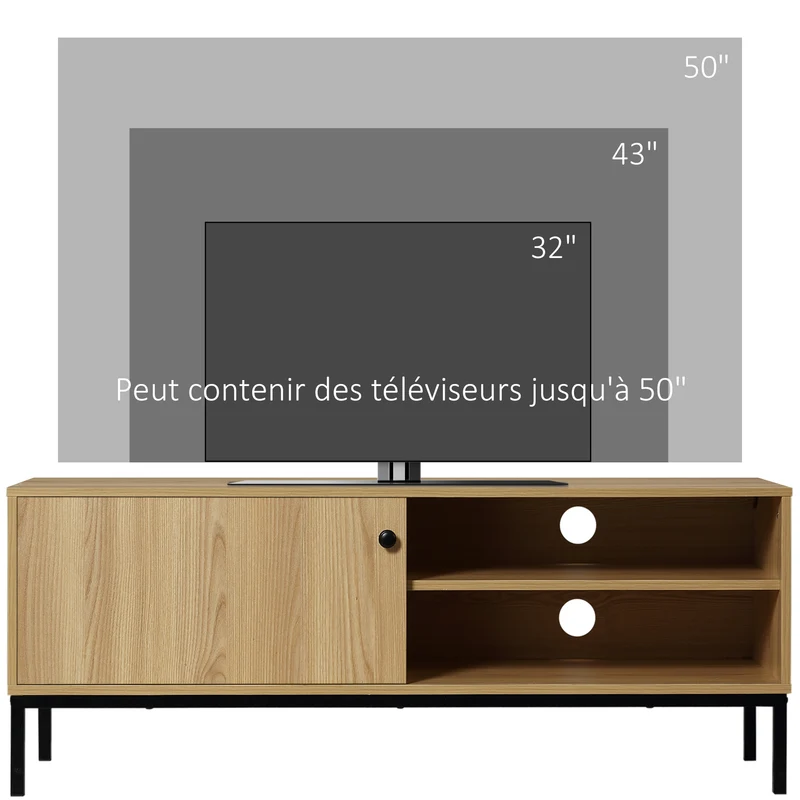 Meuble tv 3 compartiments porte coulissante passe câbles 120 x 39.5 x 46 cm pour salon contemporain épuré en MDF naturel 21_0003057