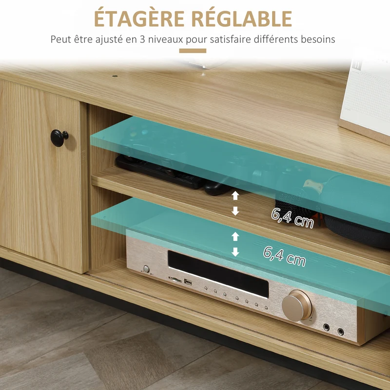 Meuble tv 3 compartiments porte coulissante passe câbles 120 x 39.5 x 46 cm pour salon contemporain épuré en MDF naturel 21_0003057