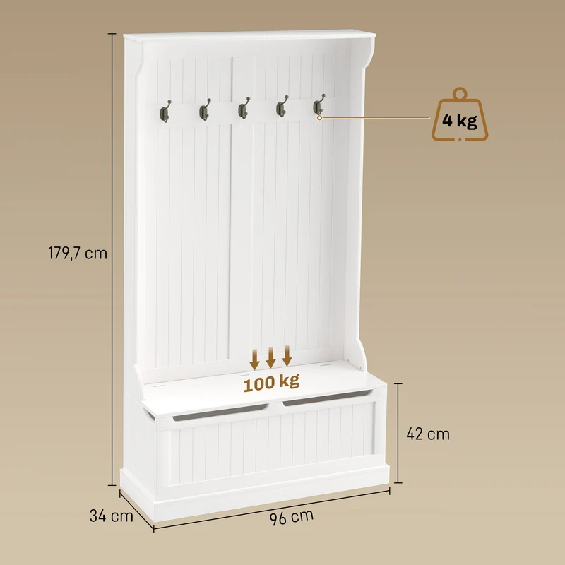 Meuble d'entrée 3 en 1 96 x 34 x 179.7 cm banc de rangement 5 crochets ancre anti basculement assise épurée en MDF crème 21_0001419