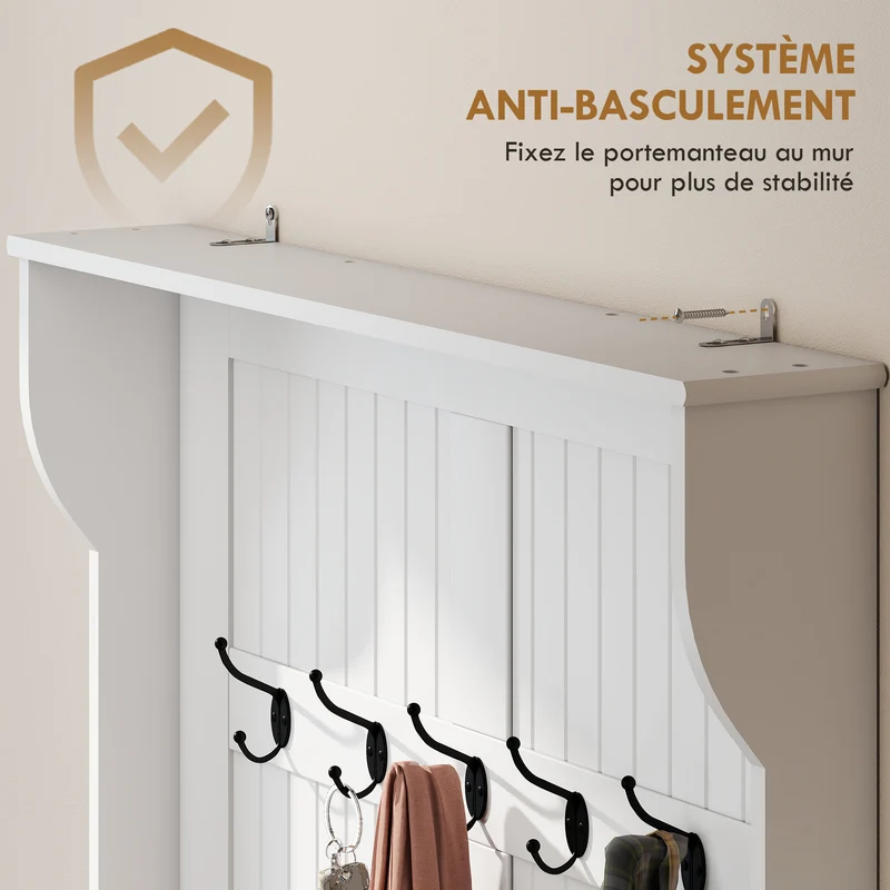 Meuble d'entrée 3 en 1 96 x 34 x 179.7 cm banc de rangement 5 crochets ancre anti basculement assise épurée en MDF crème 21_0001419