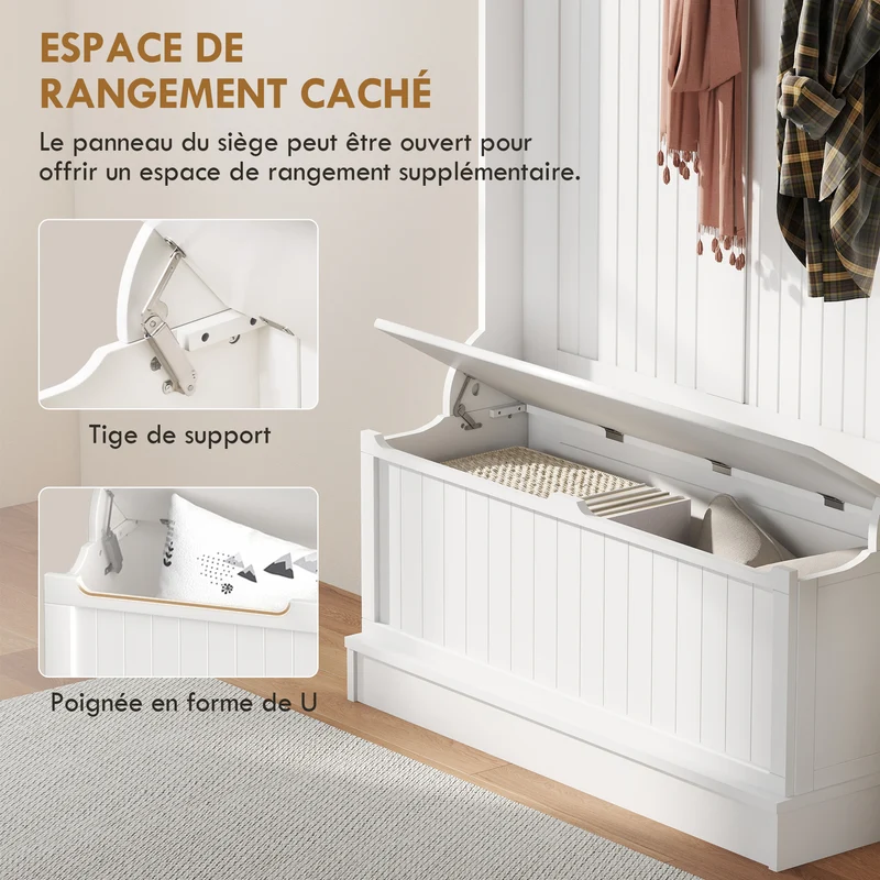 Meuble d'entrée 3 en 1 96 x 34 x 179.7 cm banc de rangement 5 crochets ancre anti basculement assise épurée en MDF crème 21_0001419