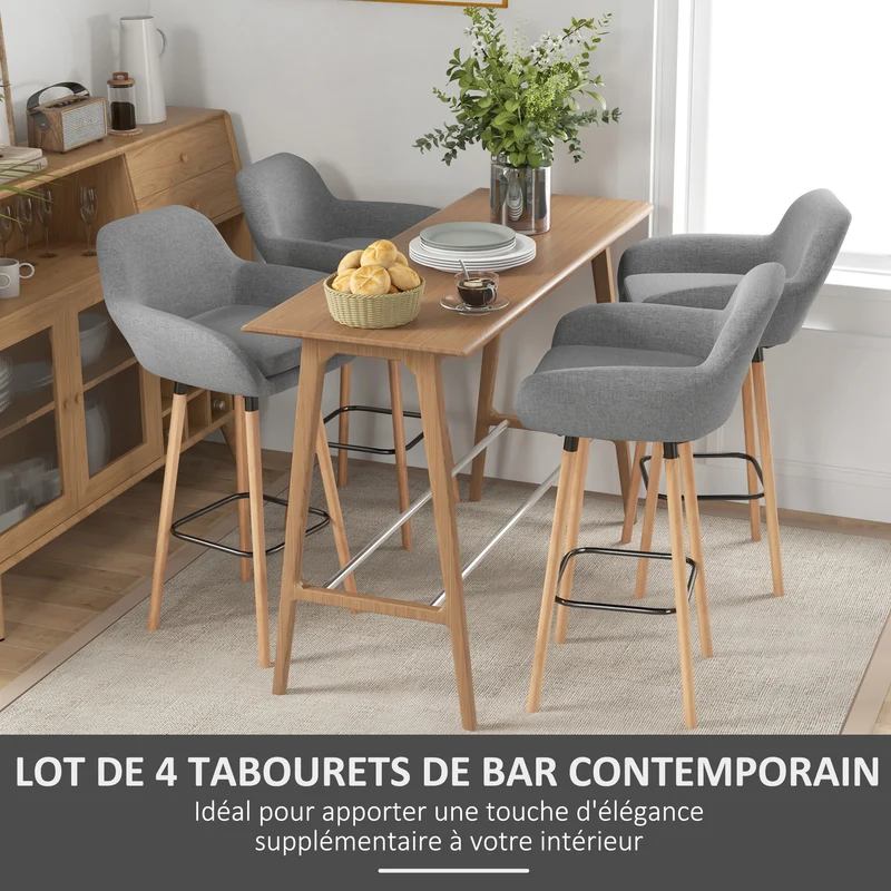 Lot de 4 tabourets de bar 55 x 48 x 100 cm assise épaisse dossier et accoudoirs design scandinave en lin gris foncé 21_0002371