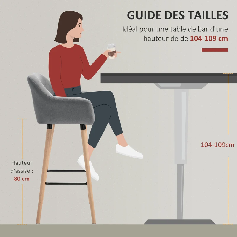 Lot de 4 tabourets de bar 55 x 48 x 100 cm assise épaisse dossier et accoudoirs design scandinave en lin gris foncé 21_0002371