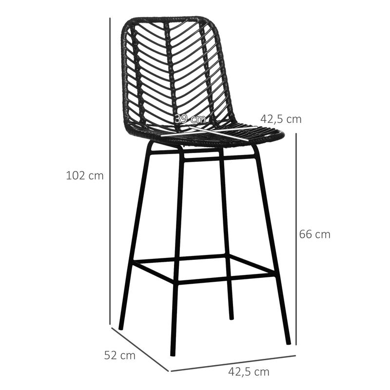 Lot de 4 tabourets de bar 42.5 x 39 x 66 cm assise confortable repose-pieds antidérapant vintage cuisine en rotin noir 21_0002372