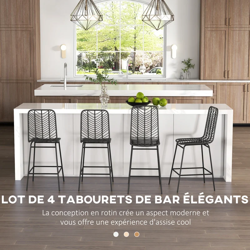 Lot de 4 tabourets de bar 42.5 x 39 x 66 cm assise confortable repose-pieds antidérapant vintage cuisine en rotin noir 21_0002372