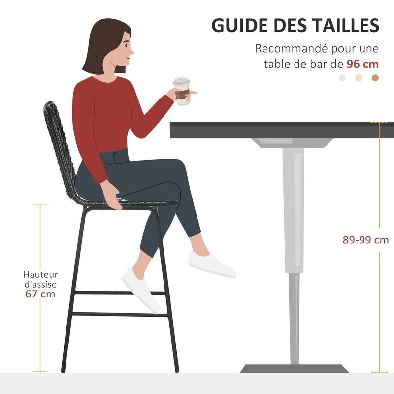 Lot de 4 tabourets de bar 42.5 x 39 x 66 cm assise confortable repose-pieds antidérapant vintage cuisine en rotin noir 21_0002372