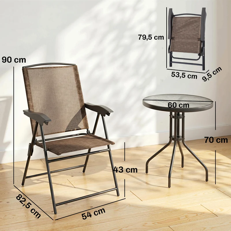 Lot de 3 ensemble jardin pliables 60 x 60 x 70 cm chaises 4 positions rangement contemporain cosy en métal chocolat 21_0004603