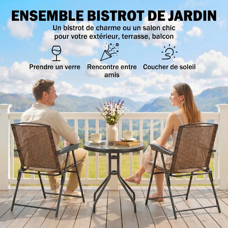 Lot de 3 ensemble jardin pliables 60 x 60 x 70 cm chaises 4 positions rangement contemporain cosy en métal chocolat 21_0004603