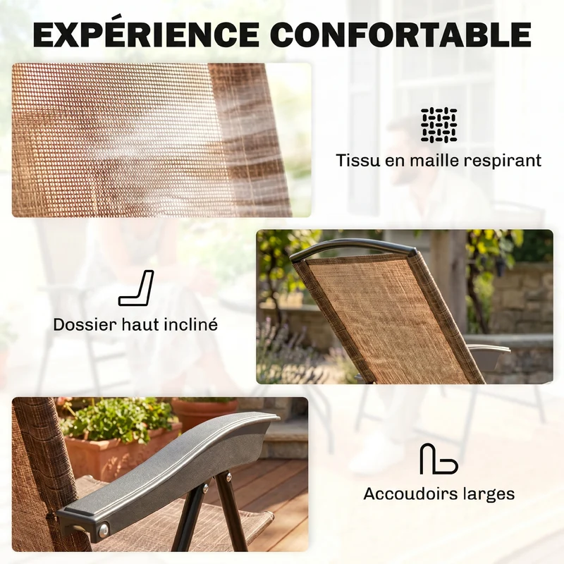 Lot de 3 ensemble jardin pliables 60 x 60 x 70 cm chaises 4 positions rangement contemporain cosy en métal chocolat 21_0004603