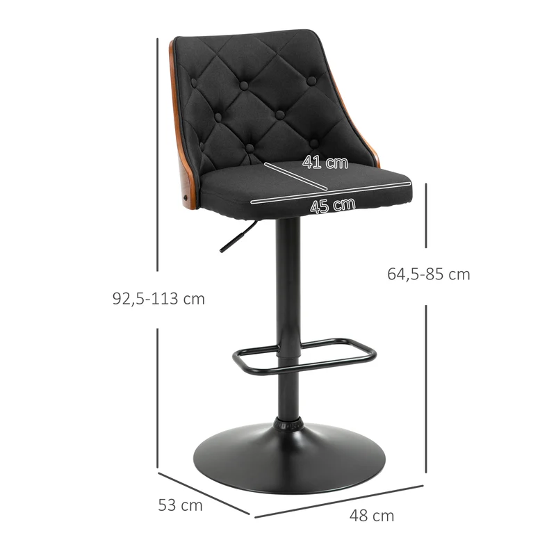 Lot de 2 tabourets de bar réglables 48 x 53 x 92.5-113 cm assise rembourrée dos style moderne en tissu polyester noir 21_0002308