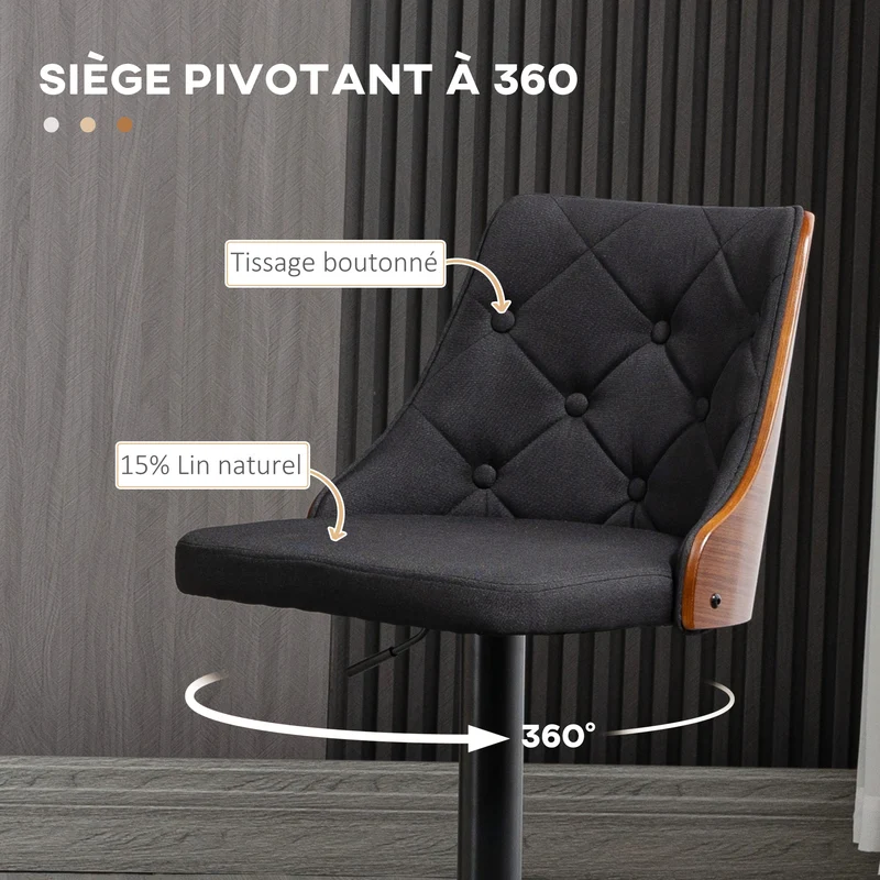 Lot de 2 tabourets de bar réglables 48 x 53 x 92.5-113 cm assise rembourrée dos style moderne en tissu polyester noir 21_0002308