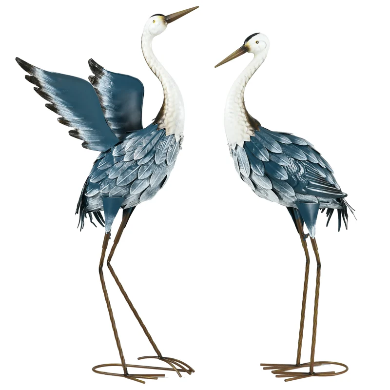 Lot de 2 statues jardin héron terrasse 31 x 29 x 74 cm résistantes aux intempéries piquets stables moderne en acier bleu 21_0003985