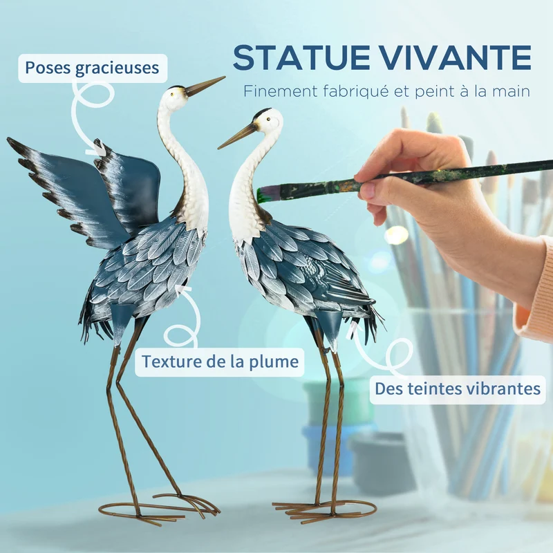 Lot de 2 statues jardin héron terrasse 31 x 29 x 74 cm résistantes aux intempéries piquets stables moderne en acier bleu 21_0003985