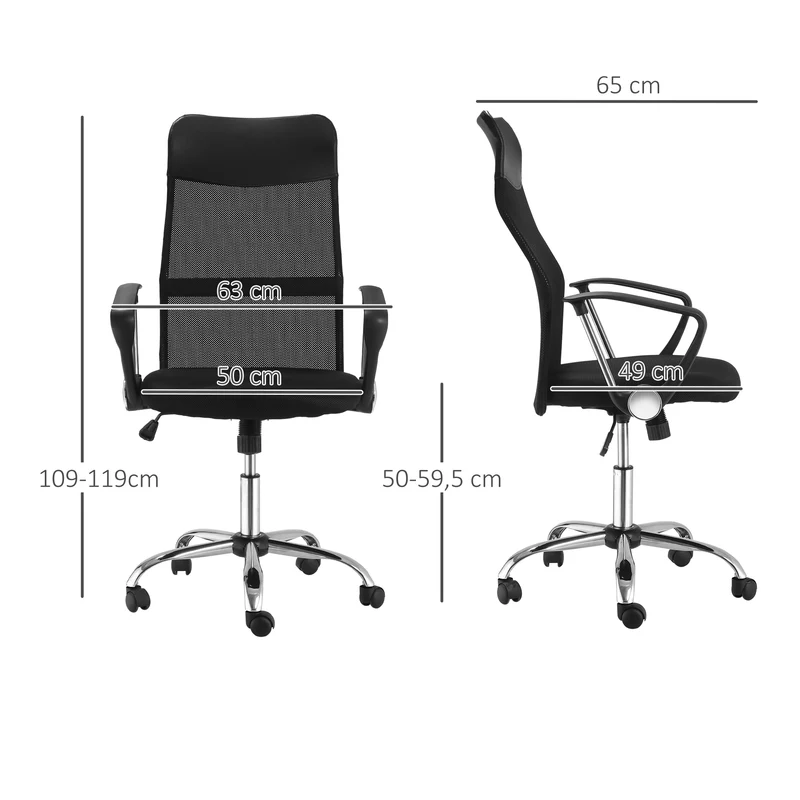 Lot de 2 fauteuils de bureau manager dossier ergonomique 63 x 65 x 109-119 cm pivotant 360° contemporain en maille noir 21_0006351