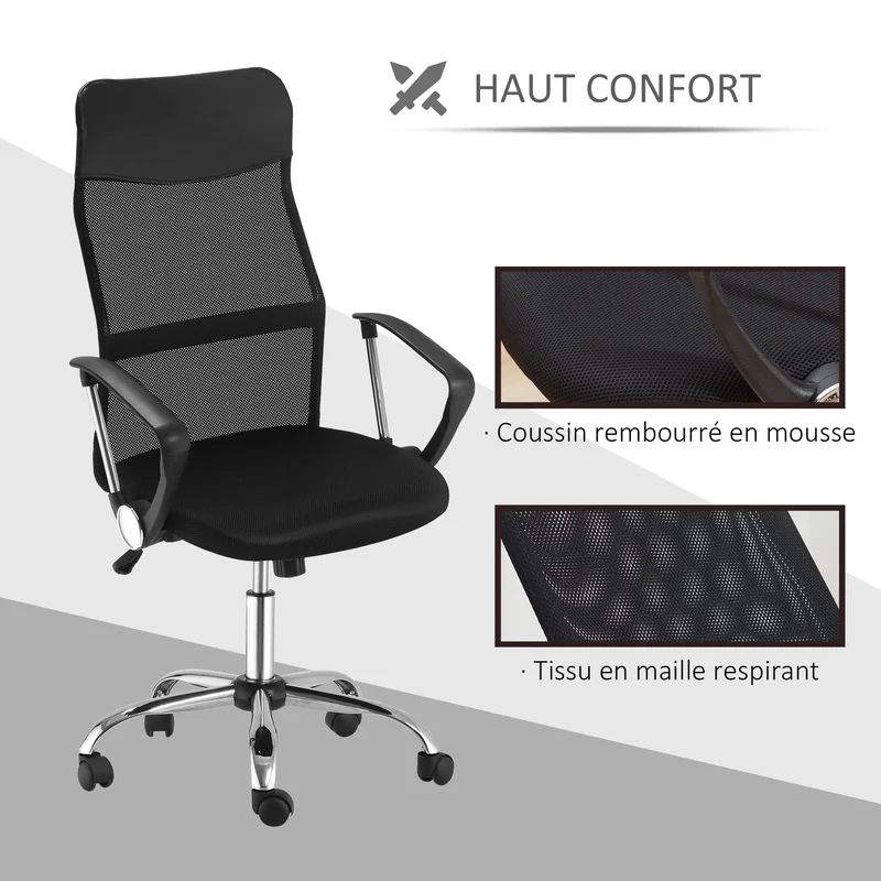 Lot de 2 fauteuils de bureau manager dossier ergonomique 63 x 65 x 109-119 cm pivotant 360° contemporain en maille noir 21_0006351