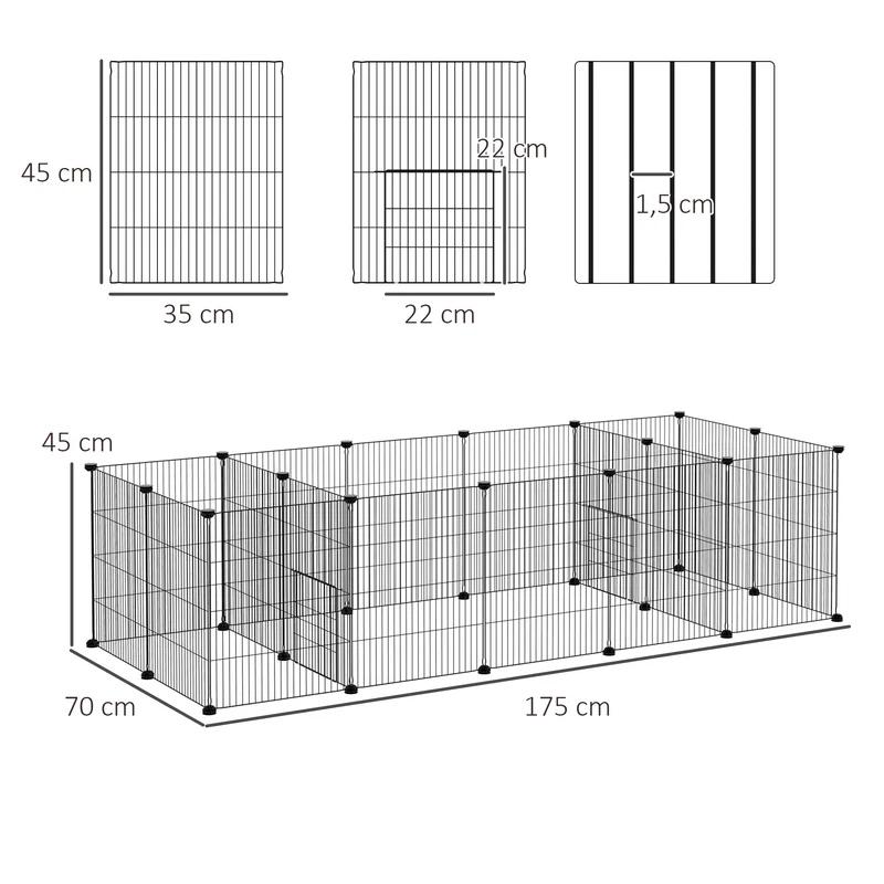 Lot de 2 enclos modulable pour petits animaux 175 x 70 x 45 cm 2 portes maillage serré sécurisé moderne en acier noir 21_0008038