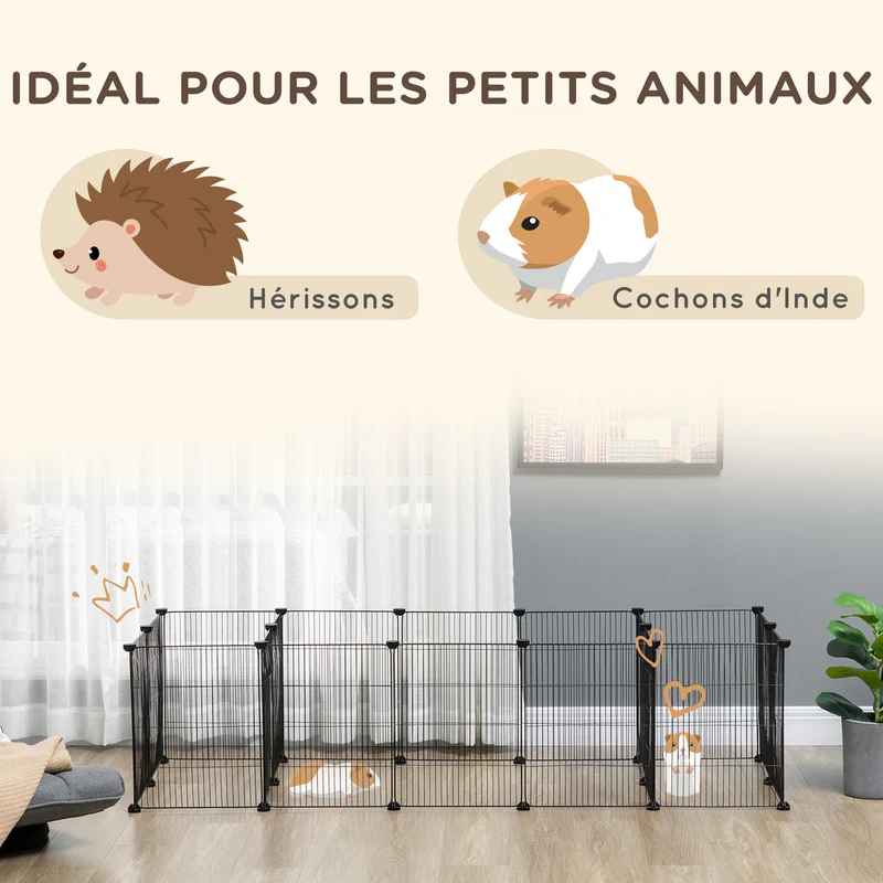 Lot de 2 enclos modulable pour petits animaux 175 x 70 x 45 cm 2 portes maillage serré sécurisé moderne en acier noir 21_0008038