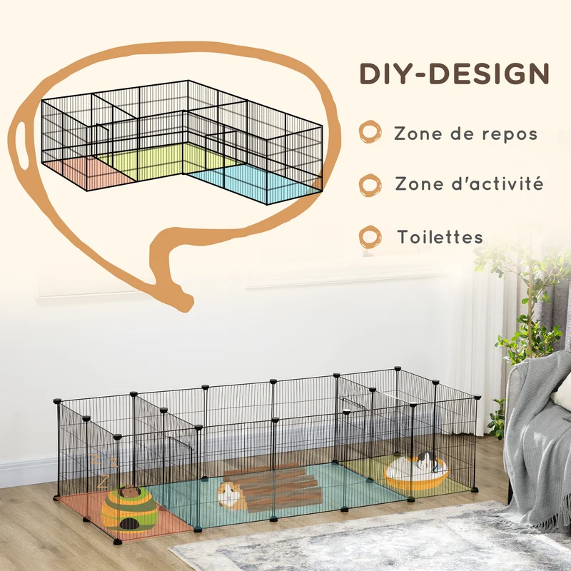 Lot de 2 enclos modulable pour petits animaux 175 x 70 x 45 cm 2 portes maillage serré sécurisé moderne en acier noir 21_0008038