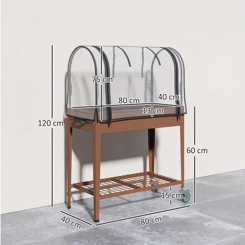 Jardinière surélevée 80 x 40 x 120 cm mini serre protection annuelle roulettes étagère contemporain en acier marron 21_0005422