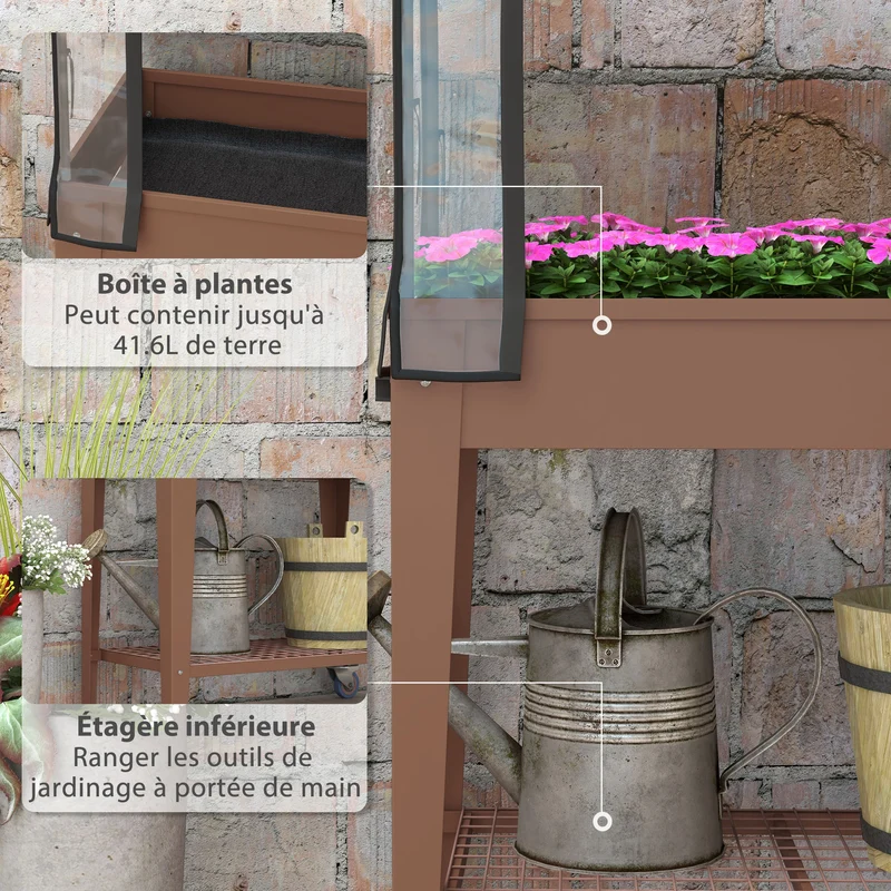 Jardinière surélevée 80 x 40 x 120 cm mini serre protection annuelle roulettes étagère contemporain en acier marron 21_0005422