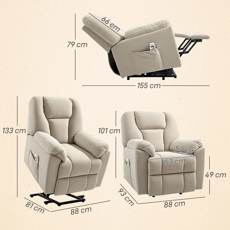 Fauteuil releveur électrique de relaxation salon grand 88 x 93 x 101 cm massage chauffant moderne cosy en velours beige 21_0000913