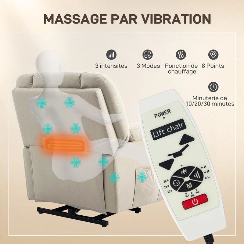 Fauteuil releveur électrique de relaxation salon grand 88 x 93 x 101 cm massage chauffant moderne cosy en velours beige 21_0000913