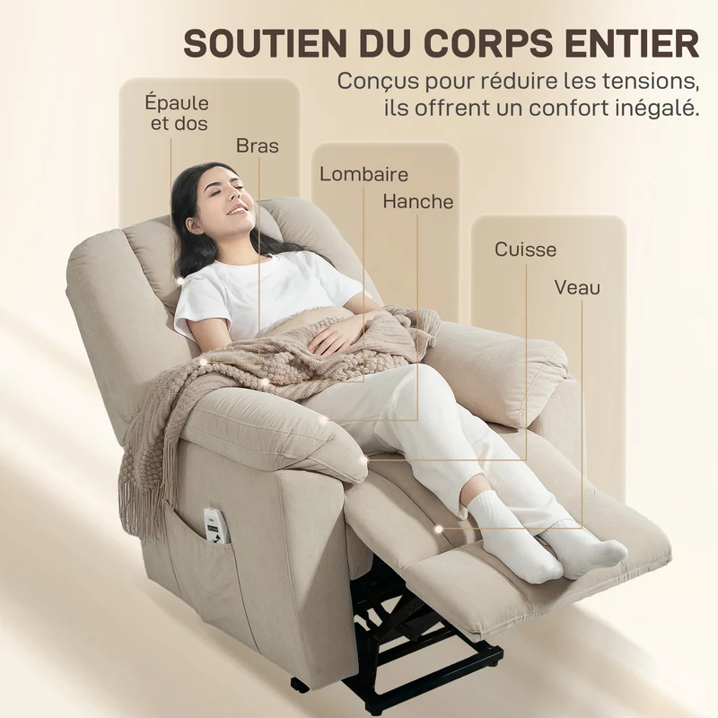 Fauteuil releveur électrique de relaxation salon grand 88 x 93 x 101 cm massage chauffant moderne cosy en velours beige 21_0000913
