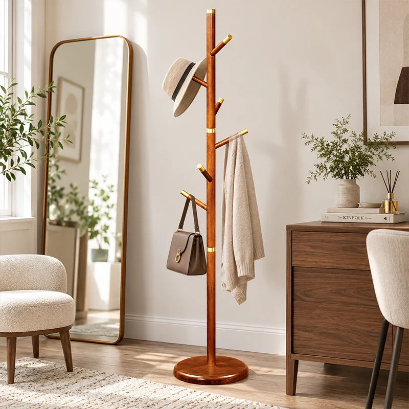 Mid-Century Vintage Wooden Coat Rack: Rubberwood With Copper Hook - Freestanding Hall Tree & Clothes Hanger For Entryway