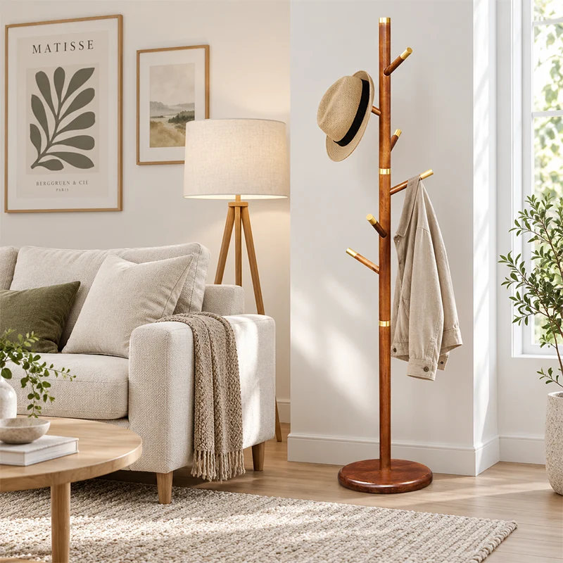 Mid-Century Vintage Wooden Coat Rack: Rubberwood With Copper Hook - Freestanding Hall Tree & Clothes Hanger For Entryway