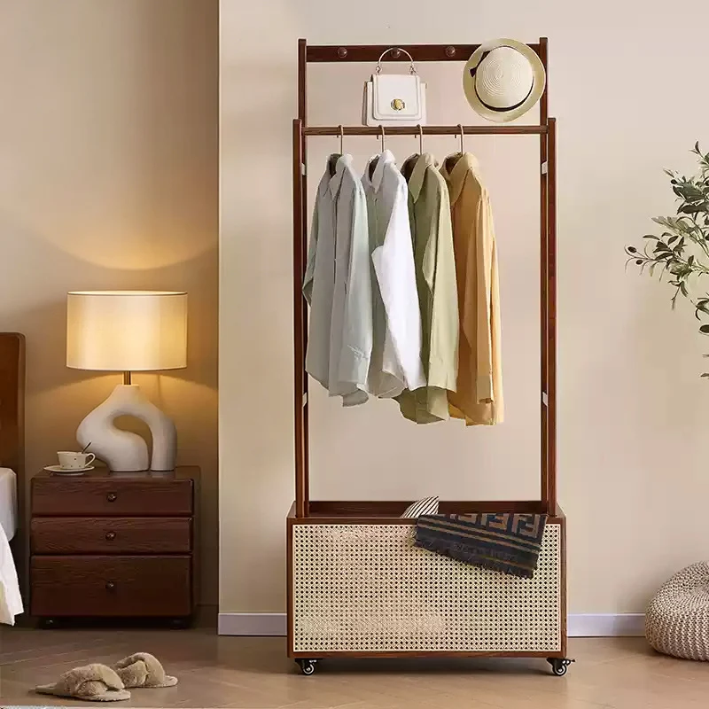 Traditional Vintage Ash Wood Coat Rack: Rattan Storage Basket - Freestanding Rolling Clothes Organizer Hall Tree For Entryway