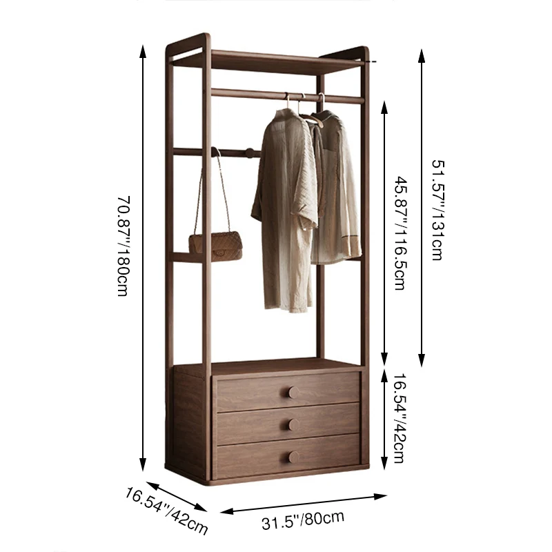 Traditional Multifunctional Ash Wood Garment Rack: 3-Drawer Clothing Organizer - Vintage Hanging Rod & Top Shelf Hall Tree For Bedroom