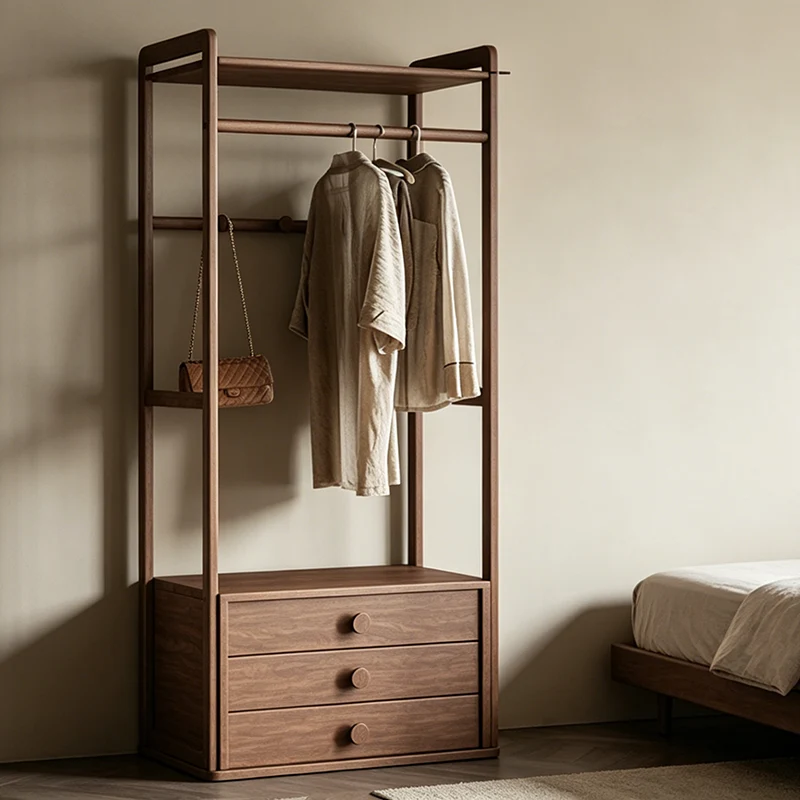Traditional Multifunctional Ash Wood Garment Rack: 3-Drawer Clothing Organizer - Vintage Hanging Rod & Top Shelf Hall Tree For Bedroom