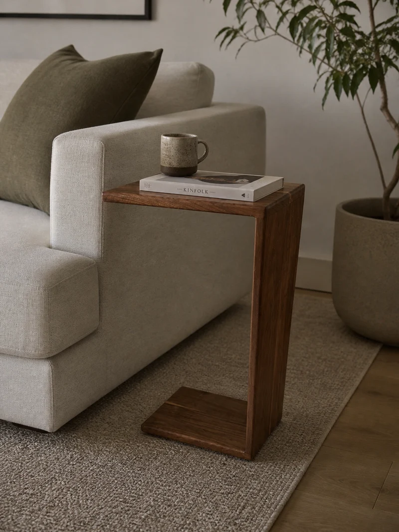 Black walnut C-Shaped Side Handmade Table – Solid wood Sofa Table, Minimalist End Table for Living Room or Bedside, Narrow table