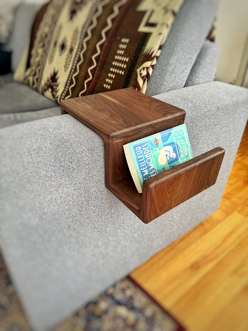 Black Walnut - Couch Arm Rest Table with Magazine Stand