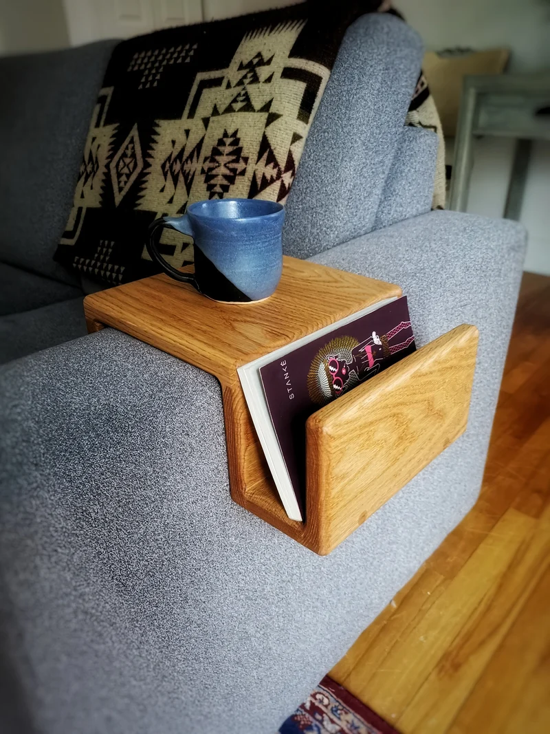 Couch Arm Rest Table with Magazine Stand - Red Oak version