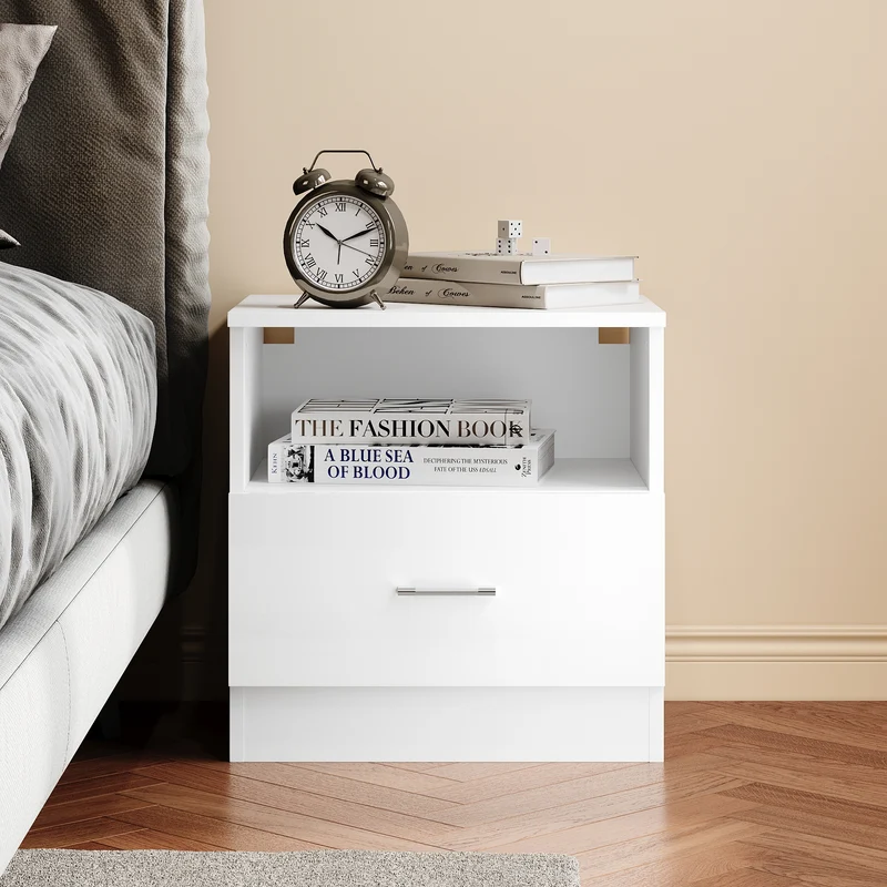 SIRHONA Table de chevet avec éclairage LED couleurs ajustables table de canapé avec tiroirs et compartiment ouvert table de chevet pour chambre à coucher Blanc 45 x 35 x 46.5 cm